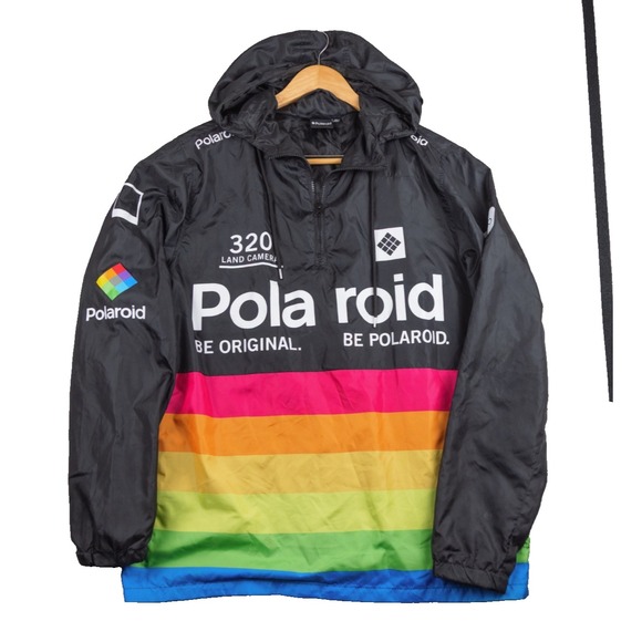 2019 Polaroid Windbreaker Jacket Men XL Black Rainbow Stripe Logo Pullover XL - Picture 1 of 14